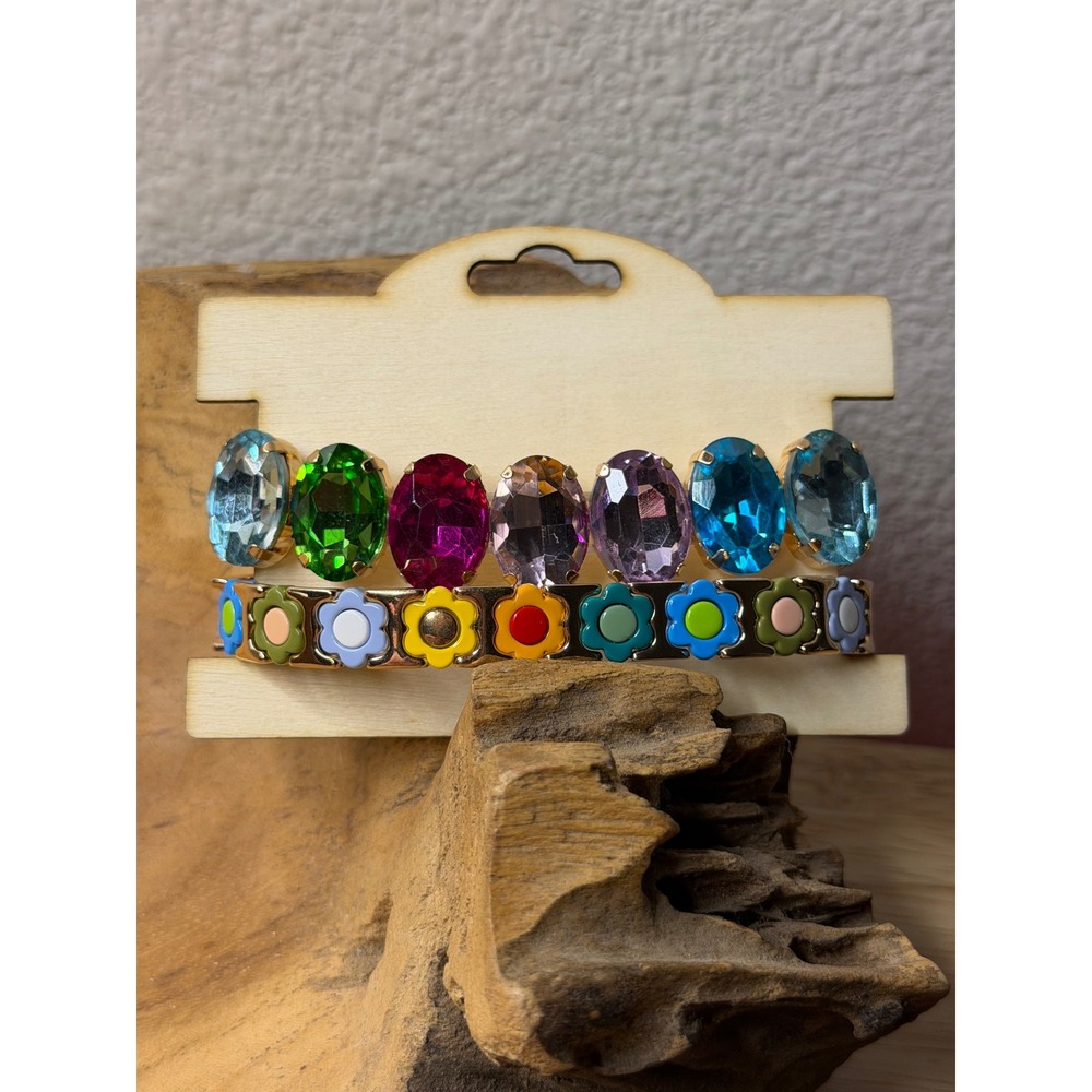 Multicolor Crystal and Enamel Daisy Flower Stretch Bracelet Set Gold Tone 2pc
